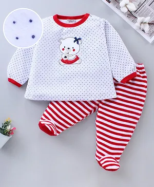 Wonderchild Full Sleeves Polka Dotted Tee With Striped Footed Pants - White Red