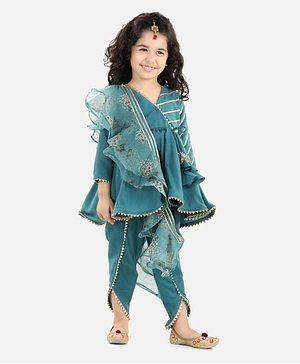 Fairies Forever Golden Lace Full Sleeves Angrakha With Dupatta & Dhoti Set - Teal Green