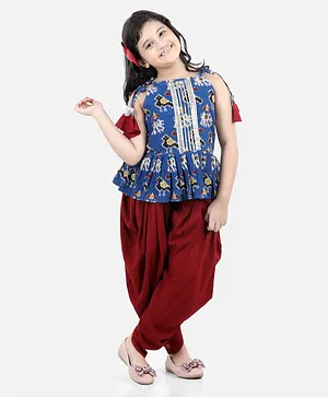 Fairies Forever Sleeveless Printed Peplum Top With Dhoti - Navy Blue