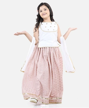 Fairies Forever Sleeveless Golden Lace Work Top With Skirt & Dupatta - White & Onion Pink