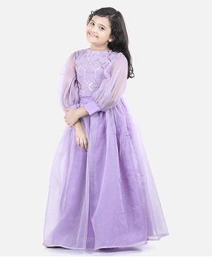 Fairies Forever Full Sleeves Silver Flower Design Top With Organza Skirt - Purple