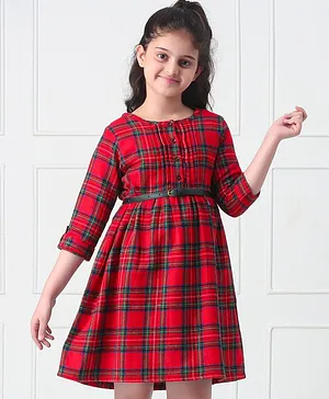 Hola Bonita Three Fourth Sleeves Belted Checked Frock - Red
