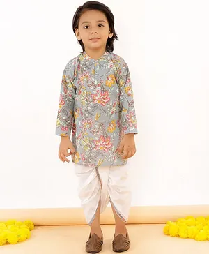 The Mom Store Full Sleeves Floral Print Kurta With Dhoti - Grey