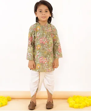 The Mom Store Full Sleeves Floral Print Kurta & Dhoti Set - Green