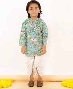The Mom Store Full Sleeves Floral Print Kurta With Dhoti - Light Blue