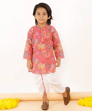 The Mom Store Full Sleeves Floral Print Kurta With Dhoti - Pink