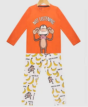 Little Marine Monkey Printed Full Sleeves Night Suit - Orange
