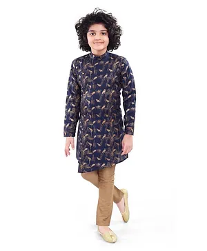 Nakshi By Yug Full Sleeves Feather Design Kurta Pajama -Navy Blue & Beige