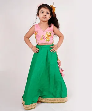 Get Style At Home Sleeveless Floral Print Choli With Lehenga - Pink & Green