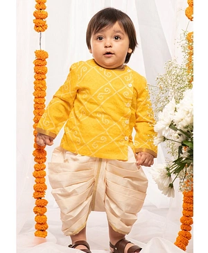 Tiber Taber Full Sleeves Bandhani Kurta With Dhoti - Yellow