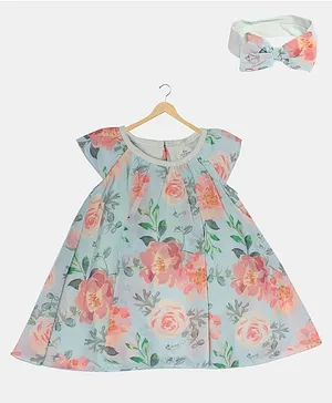 Creative Kids Cap Sleeves Floral Print Fit And Flare Onesie Dress With & Headband - Green Pink