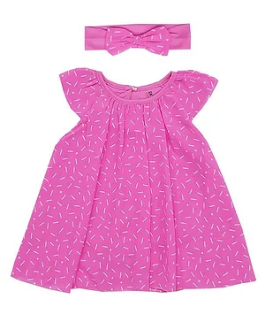 Creative Kids Short Sleeves Printed Dress With Headband - Pink