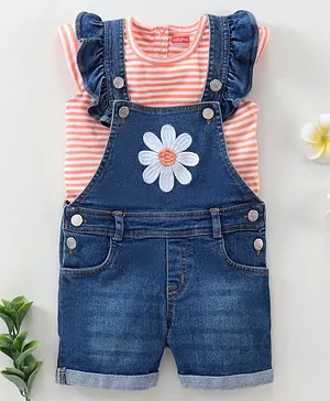 Babyhug Ruffle Sleeves Denim Dungaree & Short Sleeves Top Stripes Print & Floral Embroidery - Blue Orange