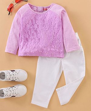 Babyhug Full Sleeves Lace Top and Jeans Set - Lilac White