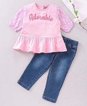 Babyhug Full Sleeves Top & Denim Jeans Adorable print - Pink Blue