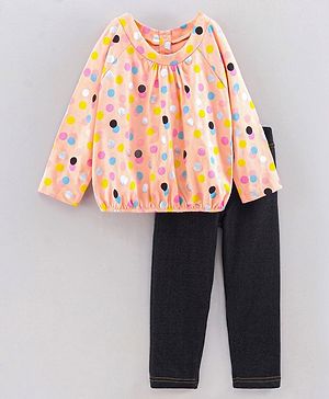 Babyhug Full Sleeves Polka Dot Top & Jeggings - Peach Black