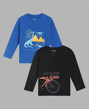 Etched Design Full Sleeves Pack Of 2 Cycle Print Tee - Black Blue