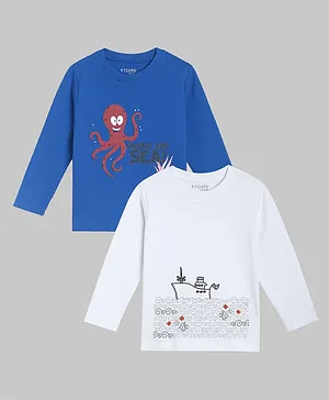 Etched Design Full Sleeves Pack Of 2 Octopus Print Tee - Blue White