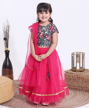 Babyhug Half Sleeves Sequined Choli and Mesh Lehenga Set with Ruffles Net Dupatta - Fuschia Navy Blue
