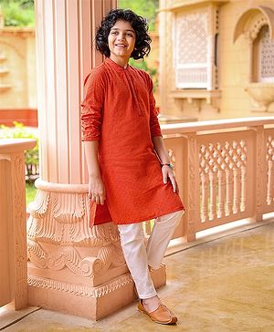 Pine Kids Full Sleeves Textured Kurta with Placket Detailing and Pyjama Set - Orange