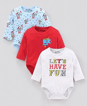 Bonfino Full Sleeve Onesies Elephant Print Pack of 3 - Grey Blue Red