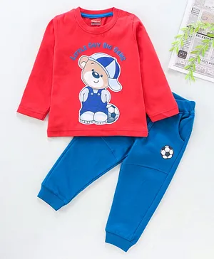 Babyhug Full Sleeves T-Shirt & Jogger Teddy Graphic  - Red Blue