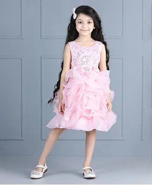 Whitehenz Clothing Sleeveless Rose Ruffled Flared Embellished Dress - Pink