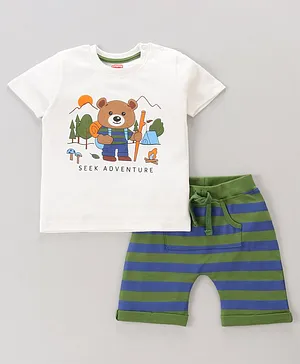 Babyhug Half Sleeves Tshirt & Bottomwear Set Teddy Print - White Green
