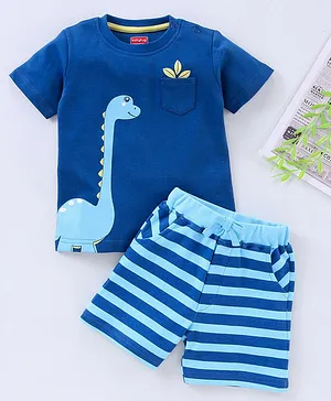 Babyhug Half Sleeves T-Shirt & Shorts Dino Graphic - Blue