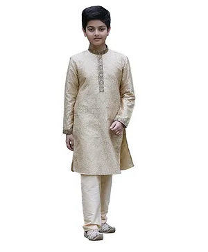 Manyavar Boys Full Sleeves Self Design Kurta Churidar Set - Fawn