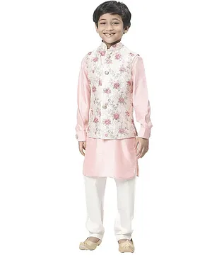 Manyavar Full Sleeves Kurta Floral Print Jacket Churidar Set - Cream Peach