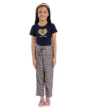Kids Cave Half Sleeves Tee With Printed Palazzo - Blue