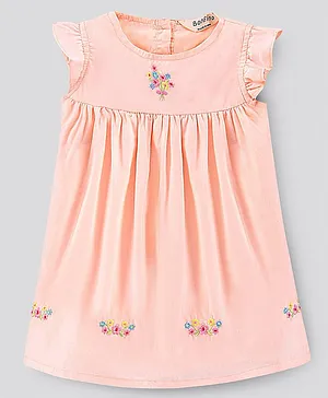 Bonfino Short Sleeves Frock Floral Embroidery - Peach