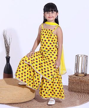 Babyhug Singlet Kurti & Sharara With Dupatta Floral Print - Yellow