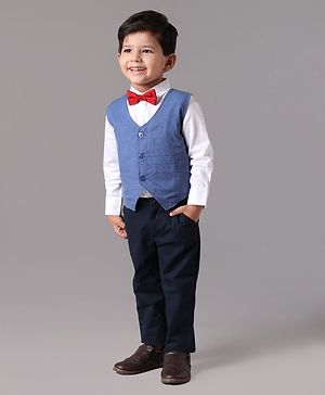 Babyhug  3 Pieces Full Sleeves Party Suit With Bow - Light Blue Black White