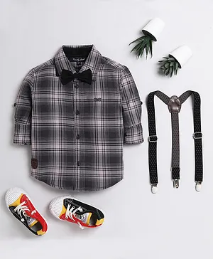 Trendy Cart Full Sleeves Checked Shirt With Bow & Suspender -  Grey