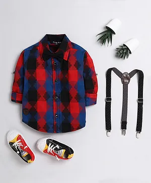 Trendy Cart Full Sleeves Printed Shirt With Bow & Suspender -  Red