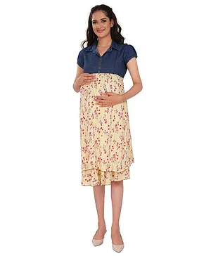 Mamma's Maternity Half Sleeves Floral Print Nursing Dress - Blue & Yellow