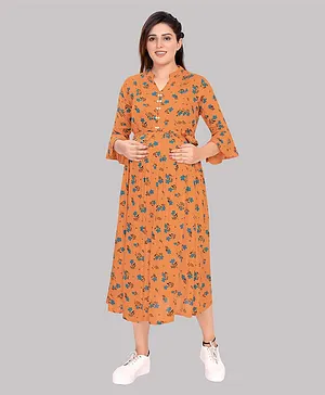 Mamma's Maternity Three Fourth Sleeves Floral Print Nursing Dress - Orange