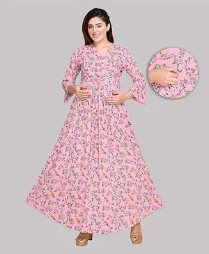 Mamma's Maternity® Full Bell Sleeves Flower Print Maternity Dress - Pink