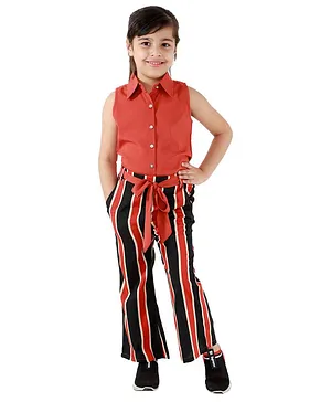 Kids Cave Sleeveless Solid Colour Top With Striped Pants - Orange