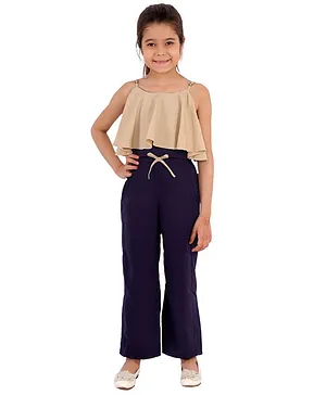 Kids Cave Sleeveless Solid Top With Bottom - Beige & Blue