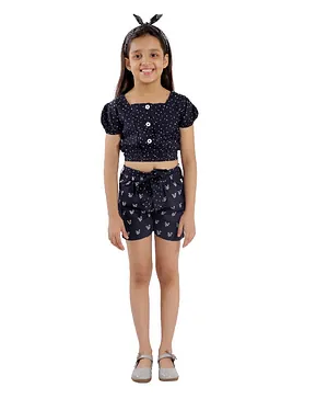 Kids Cave Puff Half Sleeves Polka Dot Print Top With Shorts - Blue