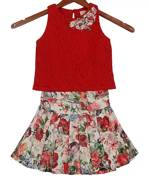 Tiny Girl Sleeveless Top With Floral Print Skirt - Red