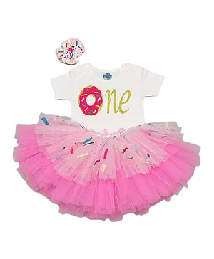 TINY MINY MEE Short Sleeves Donut Print Onesie With Skirt & Rubber Band - Pink