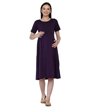 CURVENINE Half Sleeves Maternity Solid Dress - Purple
