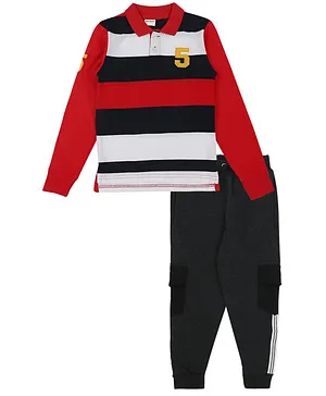 RAINE AND JAINE Full Sleeves Striped Tee With Joggers - Red & Black