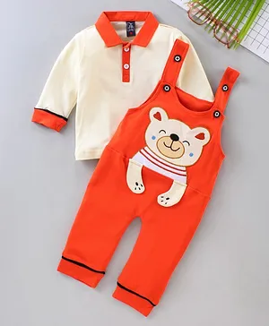 Jb Club Full Sleeves Polo Tee With Teddy Patch Dungaree - Orange