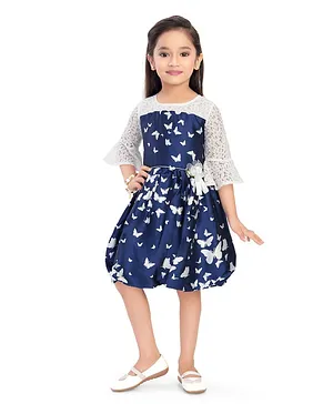Doodle Girls Clothing Three Fourth Sleeves Butterfly Printed Balloon Dress - Navy Blue