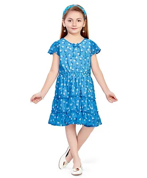 Doodle Girls Clothing Short Sleeves Georgette Floral Printed Dress With Hair Band - Blue